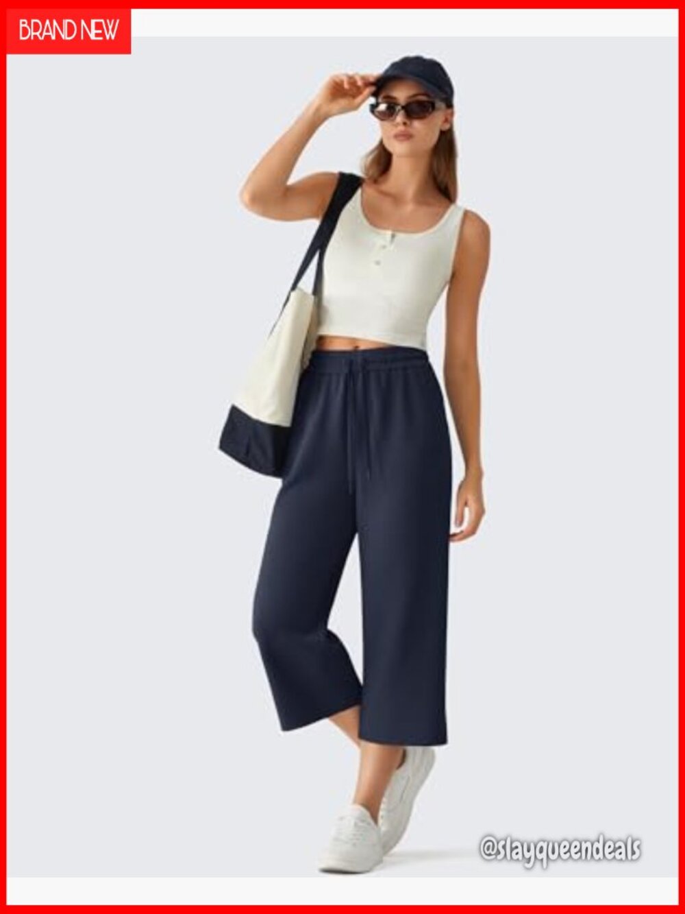 Women's Drawstring Wide Leg Capri Pants with Pockets - Picture 5 of 7